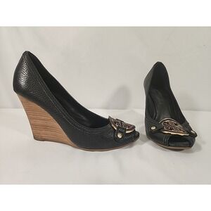 TORY BURCH Amanda Peep Toe Wedge Heels Medallion Logo Black Leather Womens 8‎